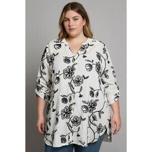 Kindred 2X Artsy Boho Floral Embroidered Tunic Blouse Top White Black Feminine‎